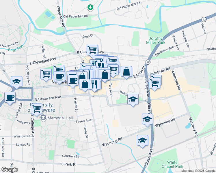 map of restaurants, bars, coffee shops, grocery stores, and more near 102 Tyre Avenue in Newark