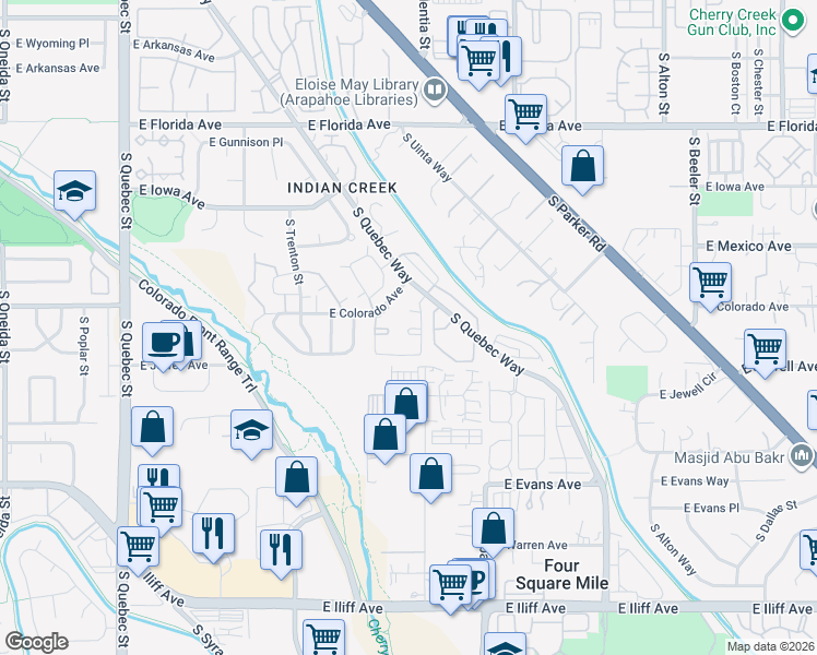 map of restaurants, bars, coffee shops, grocery stores, and more near 1811 South Quebec Way in Denver