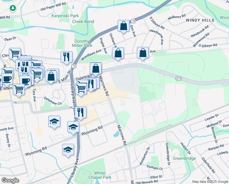map of restaurants, bars, coffee shops, grocery stores, and more near 1344 Marrows Road in Newark
