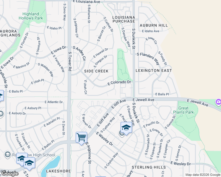 map of restaurants, bars, coffee shops, grocery stores, and more near 1871 South Cathay Court in Aurora