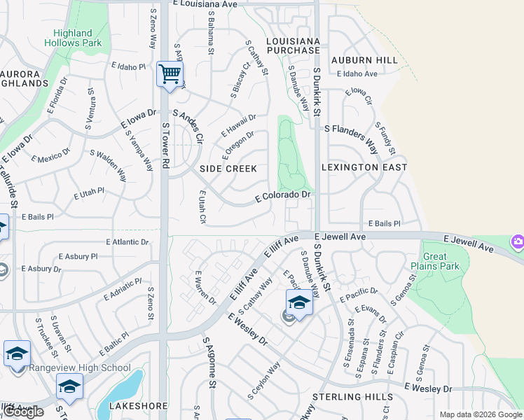 map of restaurants, bars, coffee shops, grocery stores, and more near 1871 South Cathay Court in Aurora