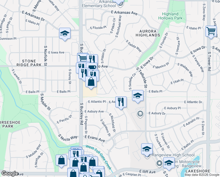 map of restaurants, bars, coffee shops, grocery stores, and more near 377 South Pagosa Way in Aurora