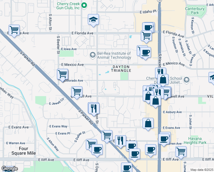 map of restaurants, bars, coffee shops, grocery stores, and more near 9799 East Jewell Avenue in Denver