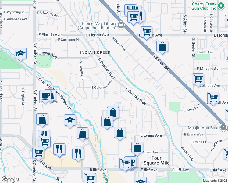 map of restaurants, bars, coffee shops, grocery stores, and more near 1811 South Quebec Way in Denver