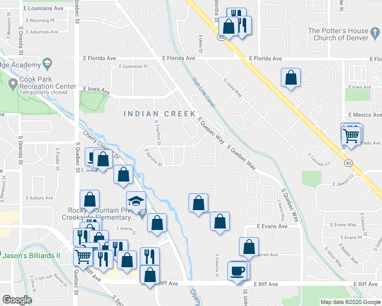 map of restaurants, bars, coffee shops, grocery stores, and more near 1811 South Quebec Way in Denver