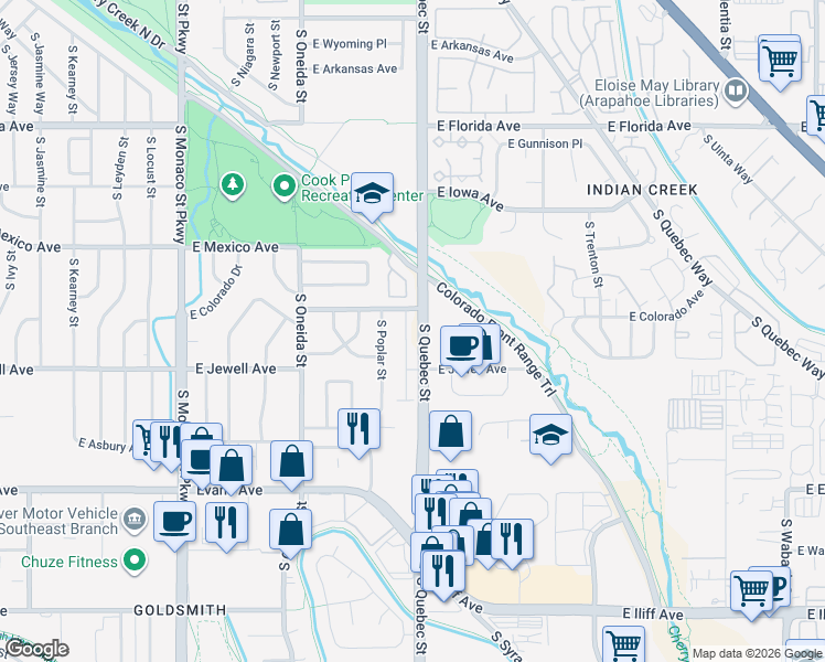map of restaurants, bars, coffee shops, grocery stores, and more near 7210 East Colorado Avenue in Denver