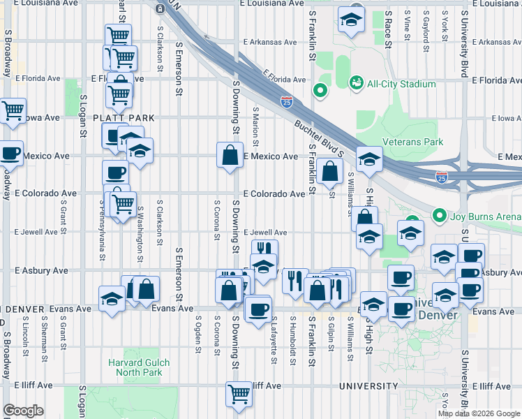 map of restaurants, bars, coffee shops, grocery stores, and more near 1875 South Lafayette Street in Denver
