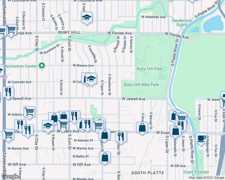 map of restaurants, bars, coffee shops, grocery stores, and more near 1895 South Raritan Street in Denver