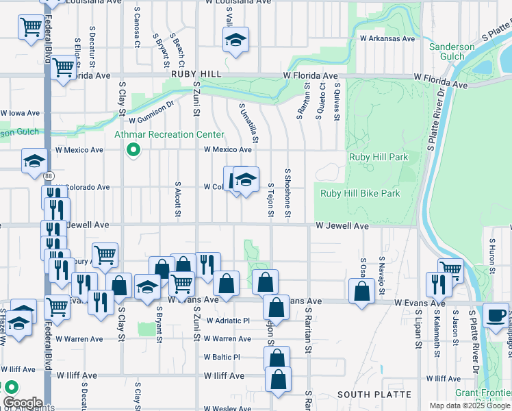 map of restaurants, bars, coffee shops, grocery stores, and more near 2070 West Jewell Avenue in Denver
