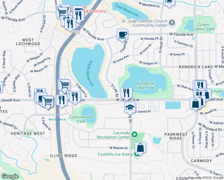 map of restaurants, bars, coffee shops, grocery stores, and more near 1849 South Lee Street in Lakewood