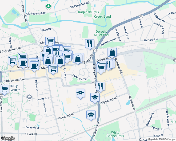 map of restaurants, bars, coffee shops, grocery stores, and more near 344 Delaware Circle in Newark