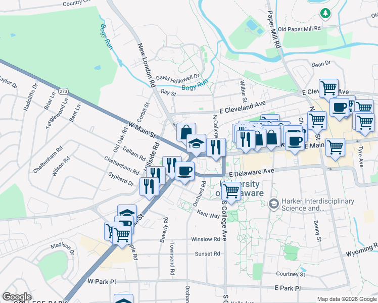 map of restaurants, bars, coffee shops, grocery stores, and more near 19 West Main Street in Newark