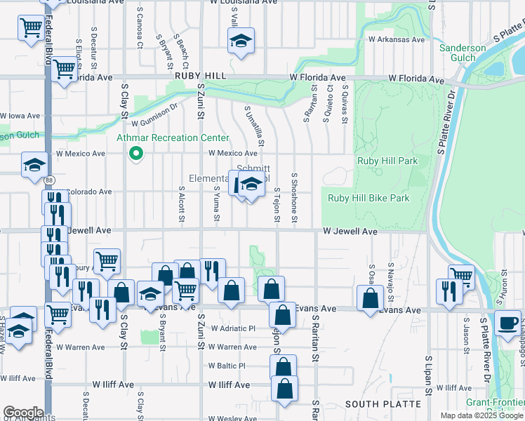 map of restaurants, bars, coffee shops, grocery stores, and more near 1820 South Vallejo Street in Denver