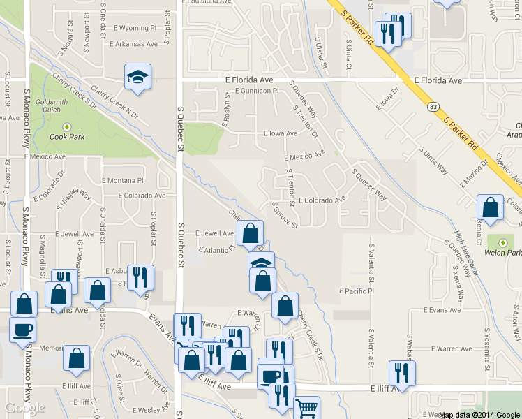 map of restaurants, bars, coffee shops, grocery stores, and more near 1831 South Spruce Street in Denver