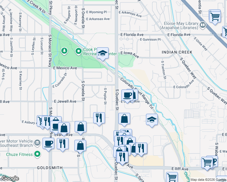 map of restaurants, bars, coffee shops, grocery stores, and more near 7210 East Colorado Avenue in Denver