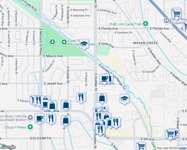 map of restaurants, bars, coffee shops, grocery stores, and more near 1828 South Poplar Court in Denver