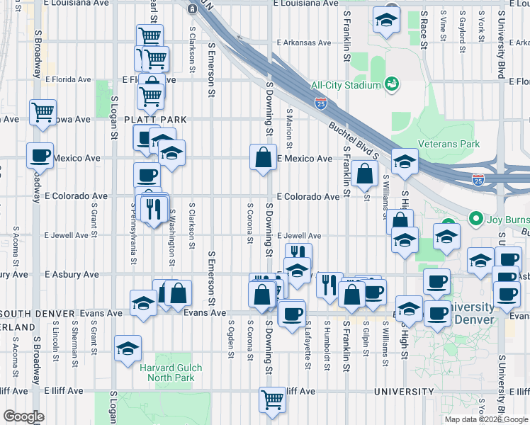 map of restaurants, bars, coffee shops, grocery stores, and more near 1839 South Downing Street in Denver