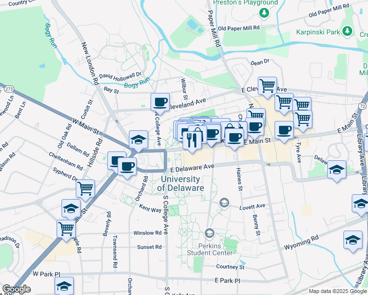 map of restaurants, bars, coffee shops, grocery stores, and more near 125 East Main Street in Newark