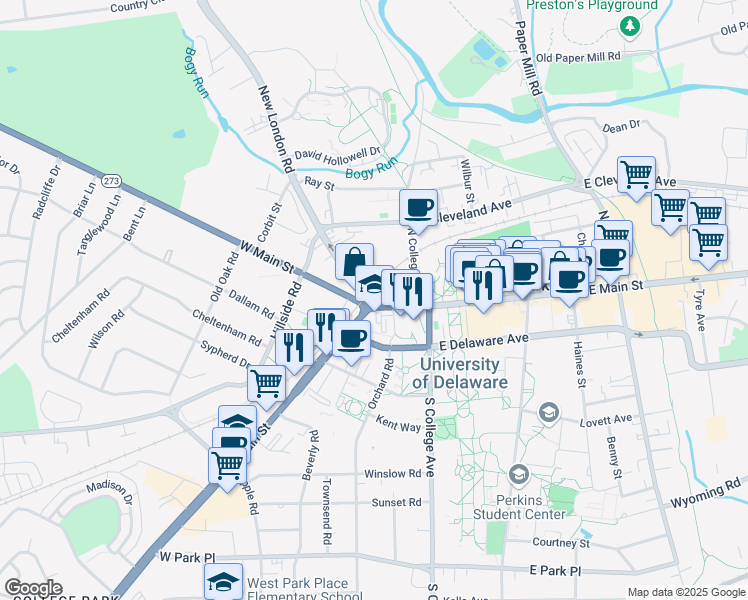 map of restaurants, bars, coffee shops, grocery stores, and more near 108 West Main Street in Newark