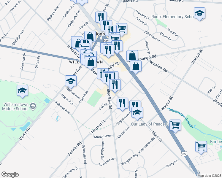 map of restaurants, bars, coffee shops, grocery stores, and more near 348 South Main Street in Monroe Township