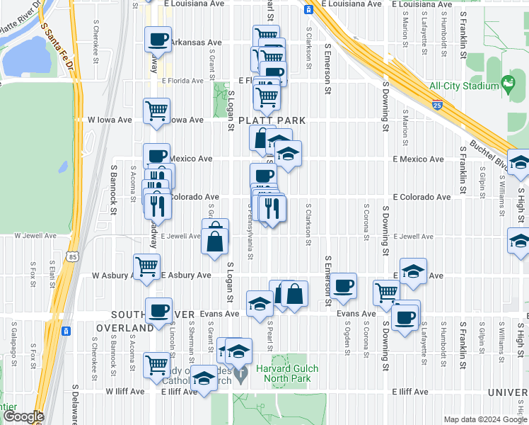 map of restaurants, bars, coffee shops, grocery stores, and more near 1835 South Pearl Street in Denver