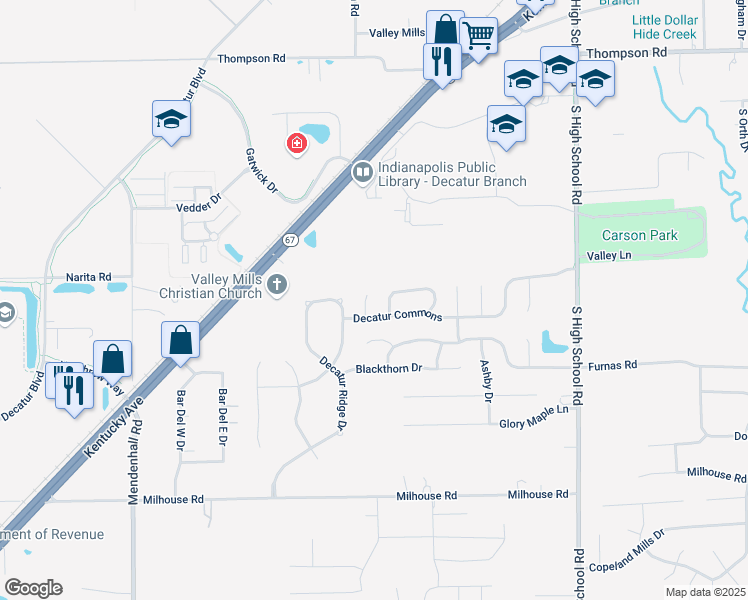 map of restaurants, bars, coffee shops, grocery stores, and more near 5531 Story Court in Indianapolis