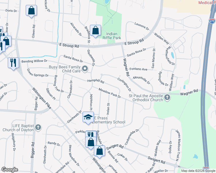 map of restaurants, bars, coffee shops, grocery stores, and more near 2749 Meadow Park Drive in Dayton
