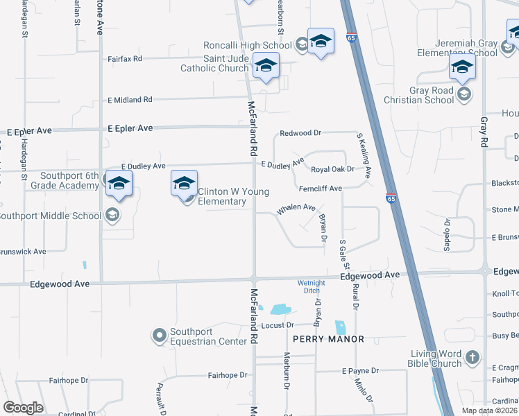 map of restaurants, bars, coffee shops, grocery stores, and more near 5901 McFarland Road in Indianapolis