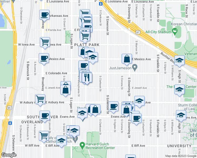 map of restaurants, bars, coffee shops, grocery stores, and more near 1837 South Clarkson Street in Denver
