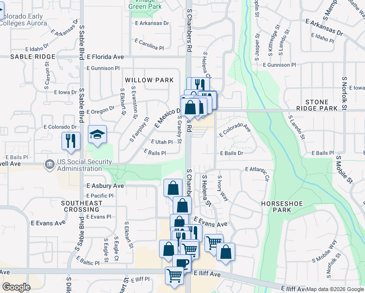 map of restaurants, bars, coffee shops, grocery stores, and more near 15192 East Colorado Place in Aurora