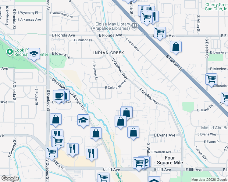 map of restaurants, bars, coffee shops, grocery stores, and more near 8131 East Colorado Avenue in Denver