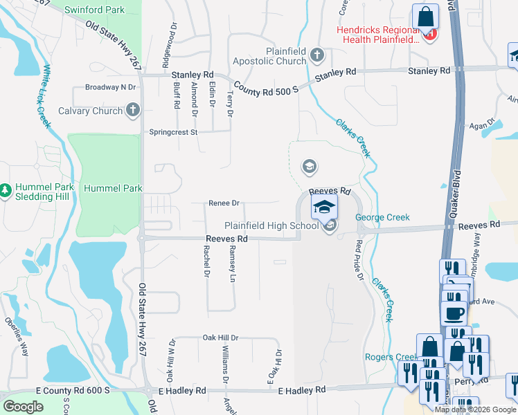 map of restaurants, bars, coffee shops, grocery stores, and more near 1510 Renee Drive in Plainfield