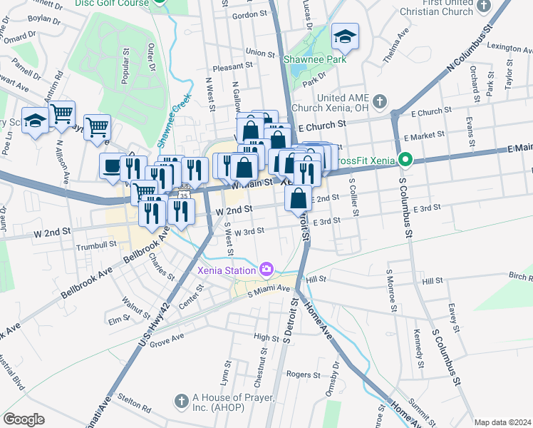 map of restaurants, bars, coffee shops, grocery stores, and more near 119 West 2nd Street in Xenia