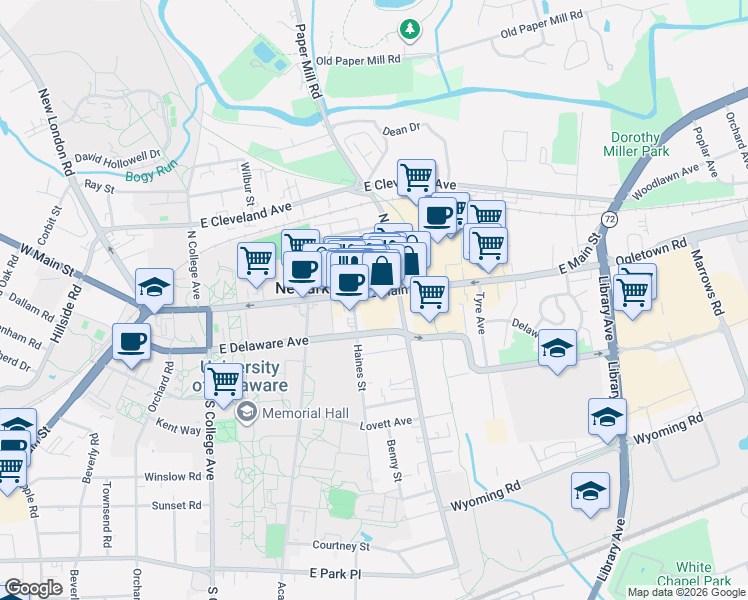 map of restaurants, bars, coffee shops, grocery stores, and more near 153 East Main Street in Newark
