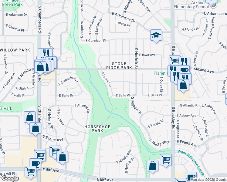 map of restaurants, bars, coffee shops, grocery stores, and more near 16193 East Utah Place in Aurora