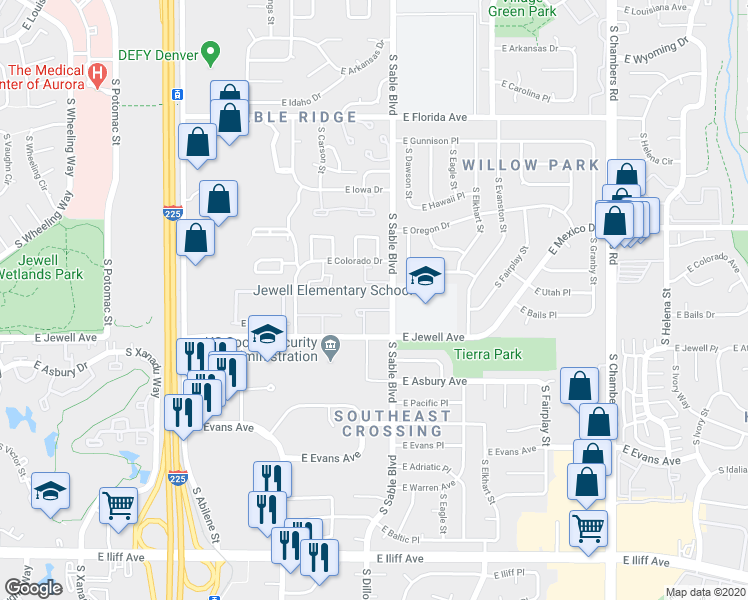 map of restaurants, bars, coffee shops, grocery stores, and more near 14474 East Colorado Drive in Aurora