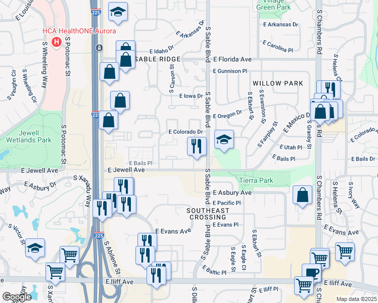 map of restaurants, bars, coffee shops, grocery stores, and more near 14152 East Colorado Drive in Aurora