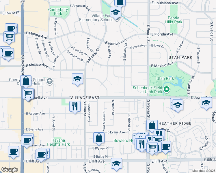 map of restaurants, bars, coffee shops, grocery stores, and more near 11629 East Montana Place in Aurora