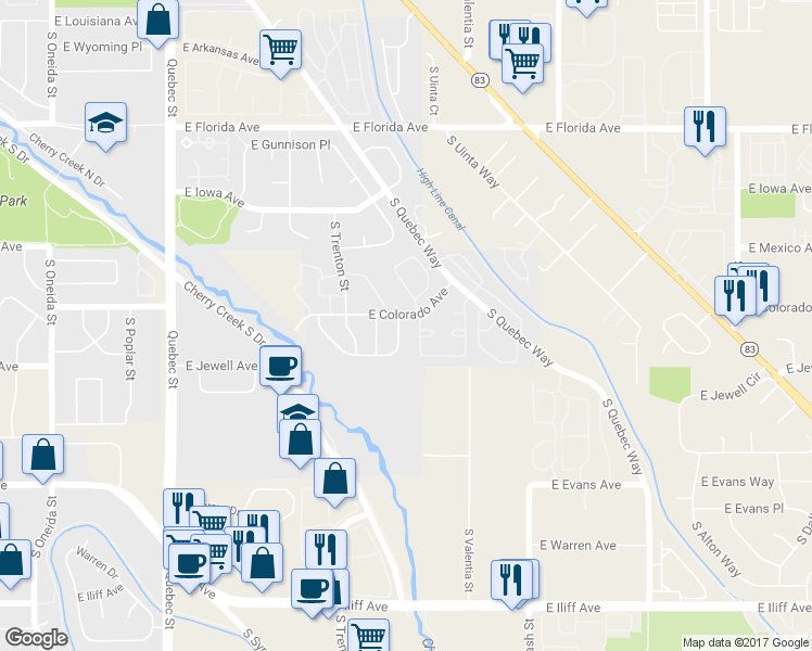 map of restaurants, bars, coffee shops, grocery stores, and more near 8131 East Colorado Avenue in Denver