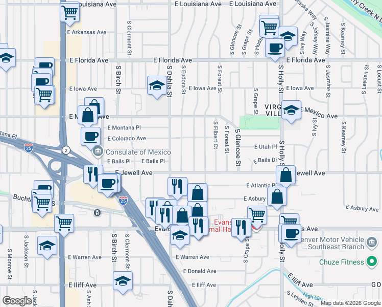 map of restaurants, bars, coffee shops, grocery stores, and more near 1810 South Elm Street in Denver