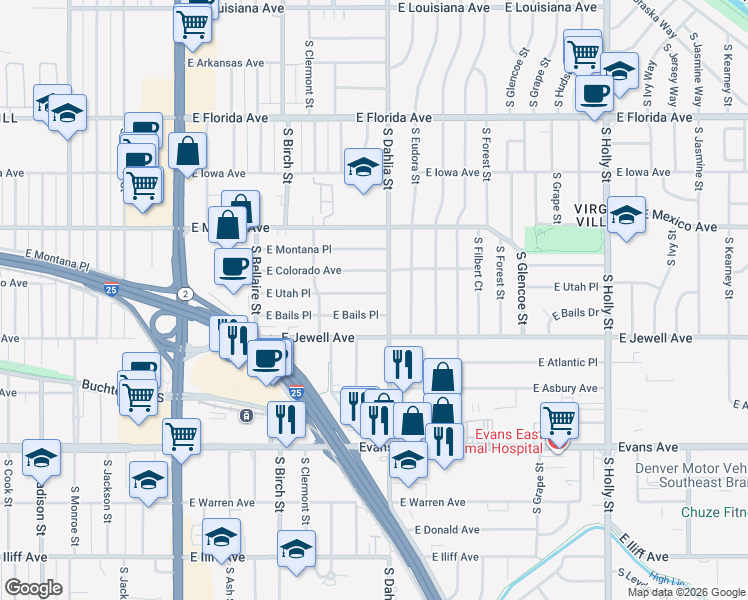 map of restaurants, bars, coffee shops, grocery stores, and more near 4740 East Colorado Avenue in Denver