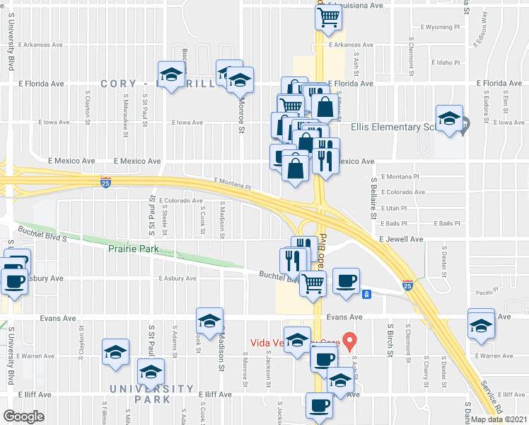 map of restaurants, bars, coffee shops, grocery stores, and more near 1815 South Garfield Street in Denver