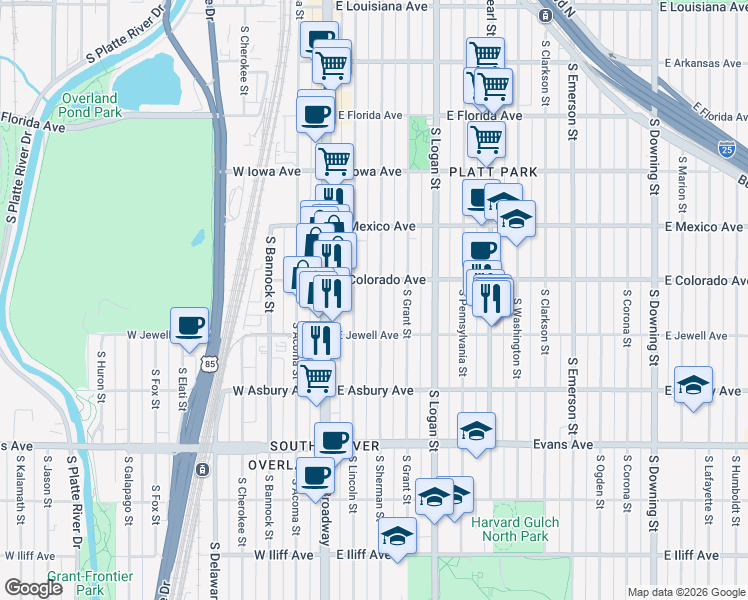 map of restaurants, bars, coffee shops, grocery stores, and more near 1788 South Sherman Street in Denver