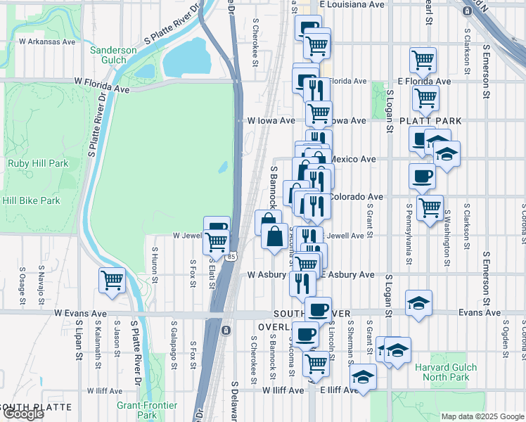map of restaurants, bars, coffee shops, grocery stores, and more near 1835 South Bannock Street in Denver