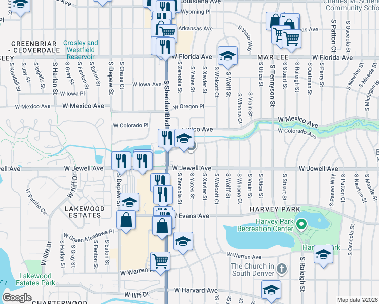 map of restaurants, bars, coffee shops, grocery stores, and more near 4991 West Colorado Avenue in Denver