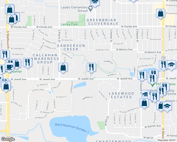 map of restaurants, bars, coffee shops, grocery stores, and more near 1880 South Marshall Circle in Lakewood