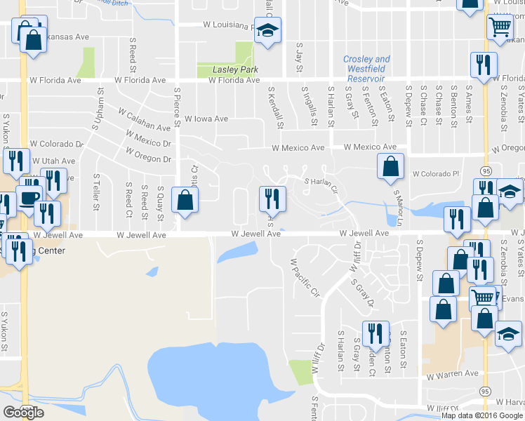 map of restaurants, bars, coffee shops, grocery stores, and more near 1880 South Marshall Circle in Lakewood