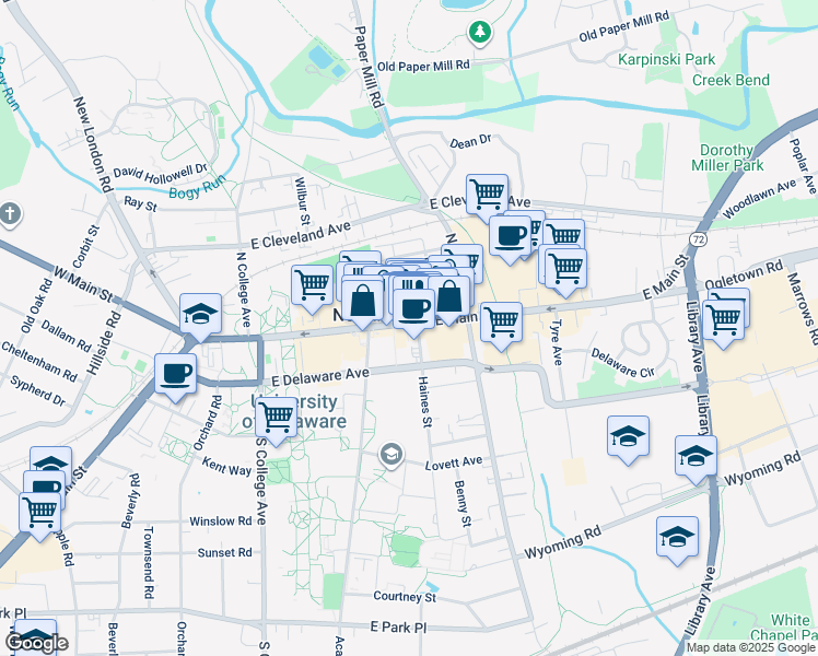 map of restaurants, bars, coffee shops, grocery stores, and more near 13 Center Street in Newark