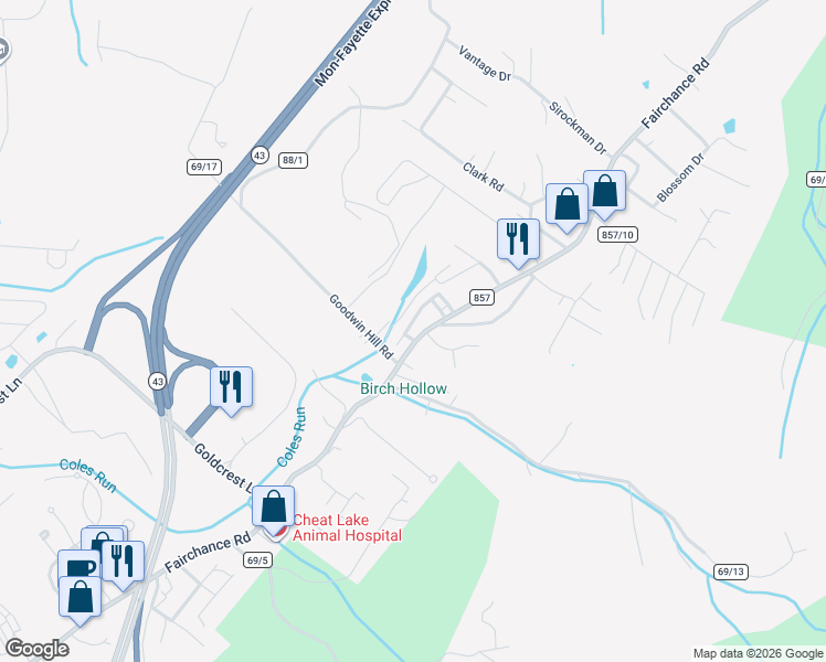 map of restaurants, bars, coffee shops, grocery stores, and more near 4002 Kathryn Drive in Morgantown