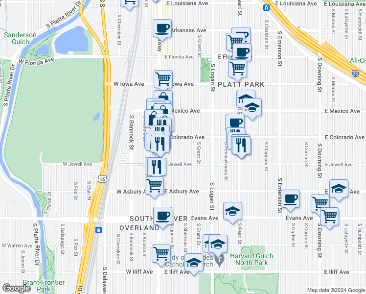 map of restaurants, bars, coffee shops, grocery stores, and more near 1788 South Sherman Street in Denver
